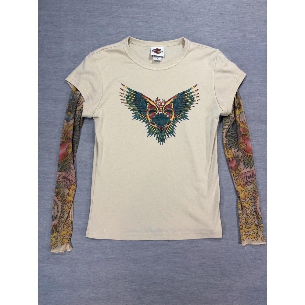 Vintage Y2K Harley Davidson Women's M Tattoo Mesh Sleeve Beige Top USA